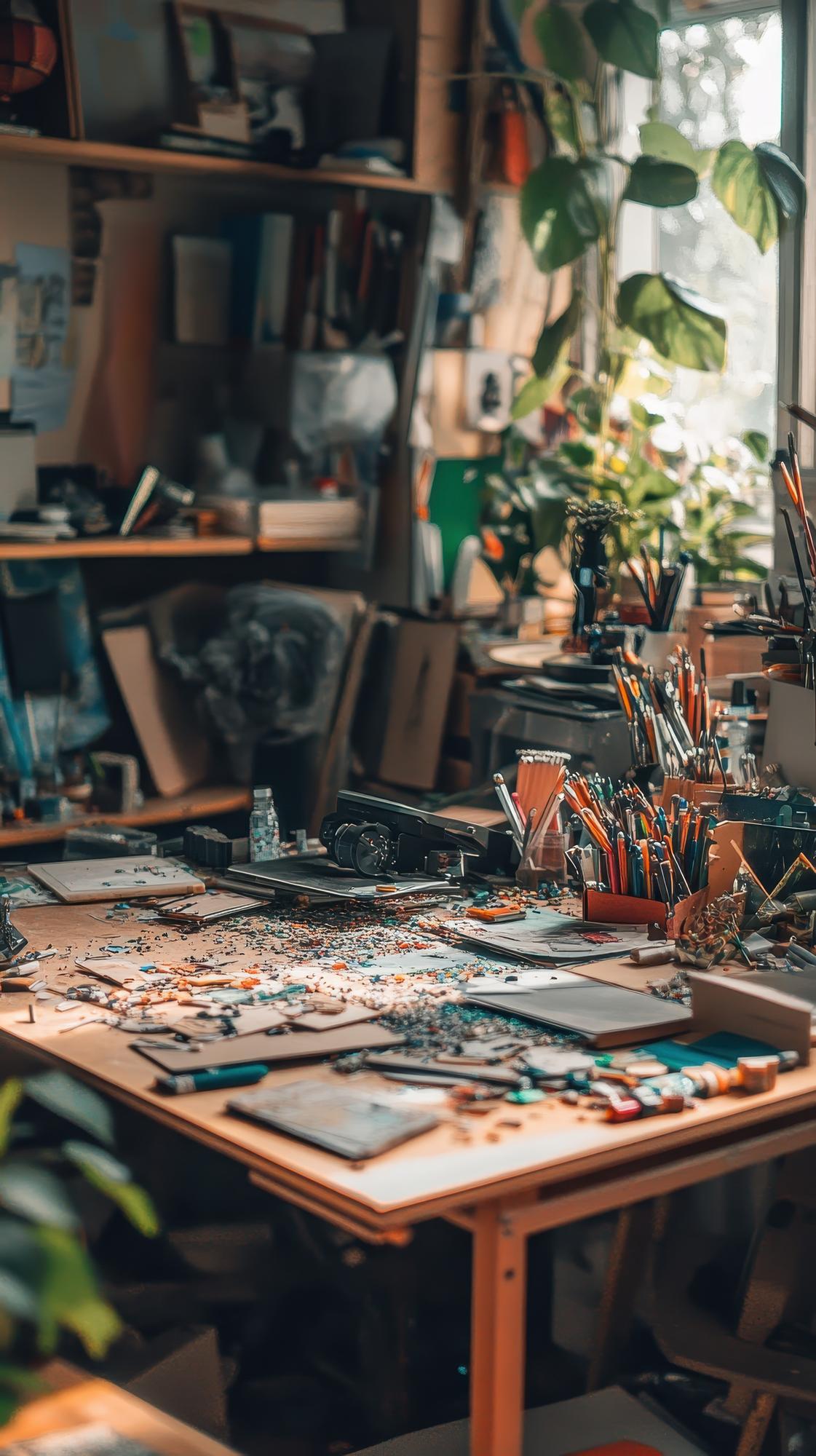 studio workspace with hoops, threads and sketchbook
